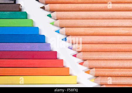 View of different color pencils and chalk pastels isolated on the white background. Drawing supplies: assorted color pencils and Stock Photo
