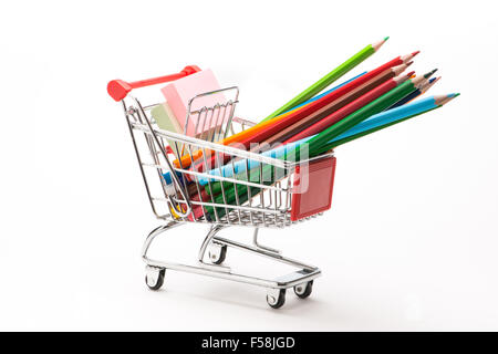 Caddy with school equipment on white background Stock Photo