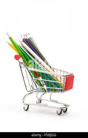 Caddy with school equipment on white background Stock Photo