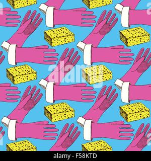 Sketch sponge and gloves in vintage style, vector seamless pattern Stock Vector