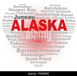 A cartoon heart shape with the text ALASKA and the names of the major cities over a white background Stock Photo