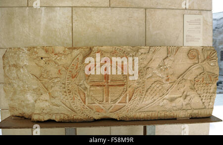 Lintel, limestone. Shivta, southern church. Byzantine period. 4th-6th century AD. Rockefeller Archaeological Museum. Jerusalem. Israel. Stock Photo