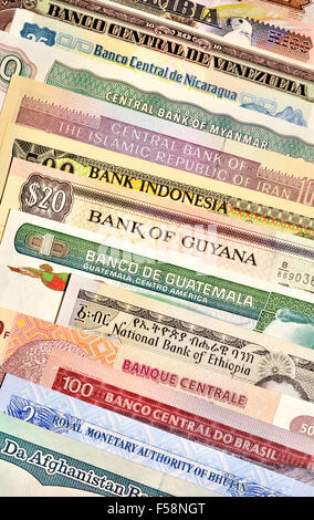 Banknotes from around the world showing the names of their National Banks Stock Photo