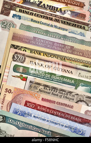 Banknotes from around the world showing the names of their National Banks Stock Photo