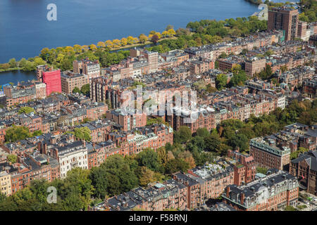 Aerial view of the Back Bay area in Boston, Massachusetts on a sunny clear day.