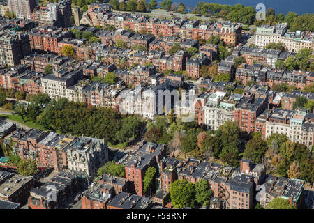 Aerial view of the Back Bay area in Boston, Massachusetts on a sunny clear day.