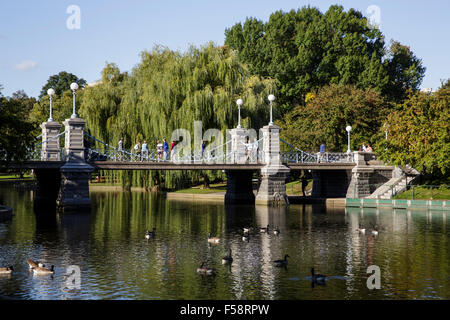 People walk across a bridge over a lake filled with geese in Boston Common, a public park in central Boston, Massachusetts. Stock Photo