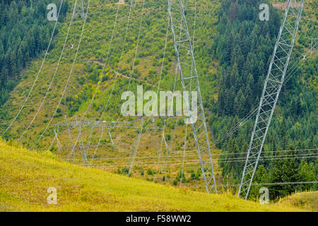 Power lines crossing Highway 1 South, , British Columbia, Canada Stock Photo