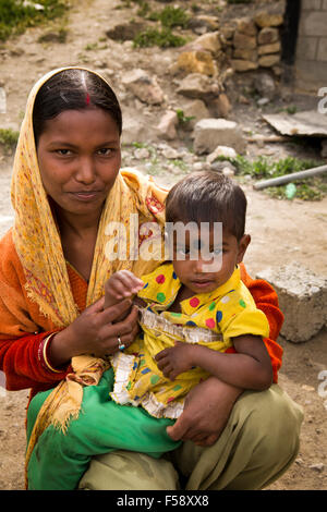 India, Himachal Pradesh, Spiti Valley, Losar village, incomer, Hindu Bengali woman, with young son Stock Photo