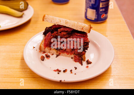 Pastrami (salt beef) on rye bread sandwich at  Katz's Deli, A Delicatessen diner on the Lower East Side, New York City, U.S.A. Stock Photo
