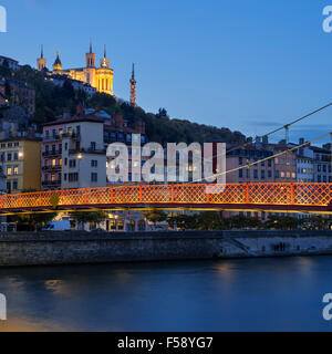 Lyon city with Saone river at night, France Stock Photo