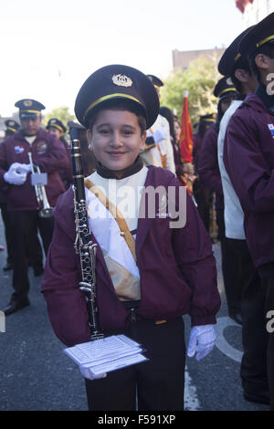 Proud young band member at the Panamanian Independence Parade in the Crown Heights neighborhood of Brooklyn NY. Stock Photo