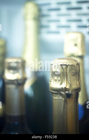 Champagne sparkling white wine bottles rack fridge refrigerator cooler in restaurant in Rome Italy. Stock Photo