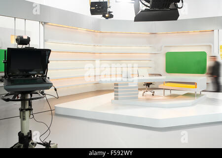 Professional modern television set for news with studio equipment Stock Photo