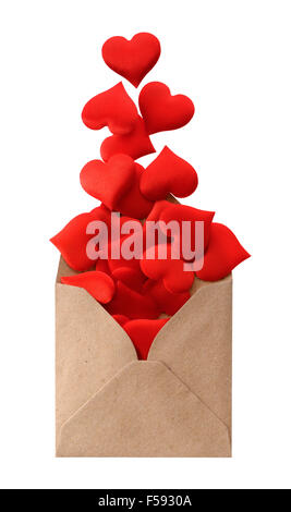 Isolated objects: opened mail envelope full of red hearts, on white background Stock Photo