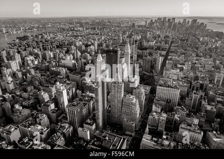 Black and white aerial view of New York City skyscrapers with Midtown, Chelsea, East Village and Lower Manhattan. NYC Stock Photo