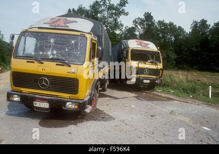 Ex Yugoslavia, Slovenia independence war in July 1991, trucks destroyed during an ambush to Serbian federal army  by Slovenian militia in the forest of Krsko Stock Photo