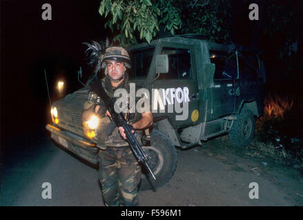 NATO intervention in Kosovo, July 2000, night patrol of Italian soldiers in support to international UN police Stock Photo