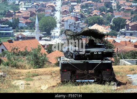 NATO intervention in Kosovo, July 2000, checkpoint of the German army with a Leopard 2 tank near the town of Orahovac. Stock Photo