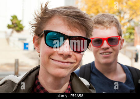 Young man wearing anaglyph 3D glasses - USA Stock Photo