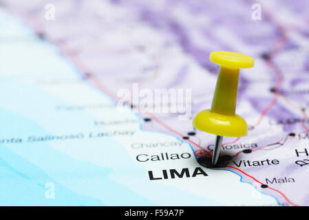 Lima pinned on a map of America Stock Photo