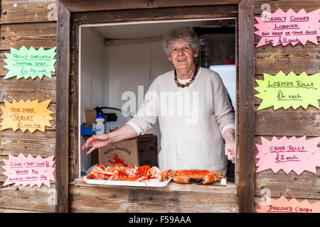Freshly caught crabs and lobsters being sold at the Lobster Hut in the harbour in the fishing village of Crail in the East Neuk of Fife, Scotland UK Stock Photo