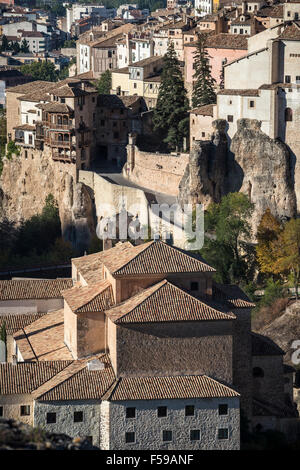 Early morning looking across the Hoz del Huecar gorge and Convento de san Pablo Parador towards the hanging houses at Cuenca, Ca Stock Photo