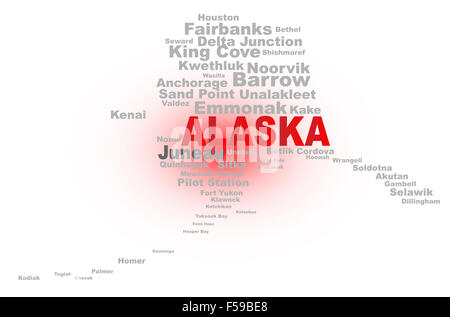 State map shape with the text ALASKA and the names of the major  cities over a white background Stock Photo