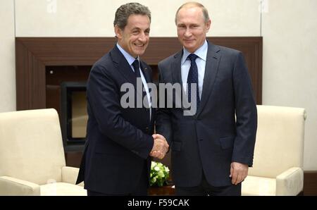 Russian President Vladimir Putin meets with with ex-president of the French Republic Nicolas Sarkozy at Novo-Ogaryovo October 29, 2015 in Moscow, Russia. Stock Photo