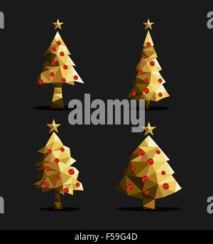 Set of polygon christmas pine trees low poly triangle style with xmas ornaments and star on top in gold metallic color. Stock Vector