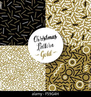 Merry Christmas seamless pattern set of fancy golden geometry designs in 80s retro style. Ideal for Xmas greeting card or web Stock Vector