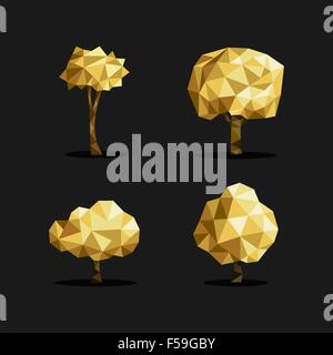 Set of polygon triangle low poly tree illustrations in gold metallic color. Ideal for web icon, ecology brochure or botany book Stock Vector