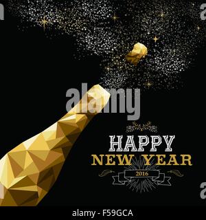 Happy new year 2016 fancy gold champagne bottle in hipster triangle low poly style. Ideal for greeting card or elegant holiday Stock Vector