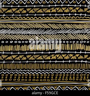 Fancy golden boho seamless pattern with retro tribal elements and lines on blackboard background. Ideal for greeting card design Stock Vector