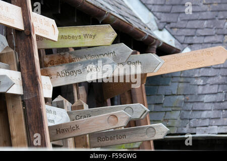 A collection of footpath signs at Harestanes Stock Photo