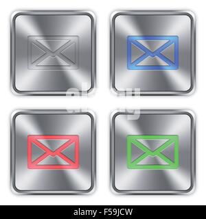 Color mail icons engraved in glossy steel push buttons. Well organized layer structure, color swatches and graphic styles. Stock Vector