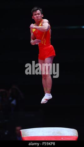 Glasgow, Scotland. 30th Oct, 2015. Xiao Ruoteng of China competes on the vault during the men's All-Around final at the 46th World Artistic Gymnastics Championships in Glasgow, Scotland, Great Britain on Oct. 30, 2015. Credit:  Gong Bing/Xinhua/Alamy Live News Stock Photo