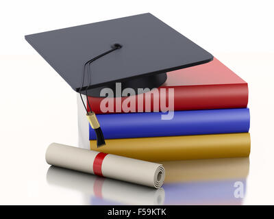 3d renderer image. Graduation cap, diploma and Books. Education concept. Isolated on white background Stock Photo