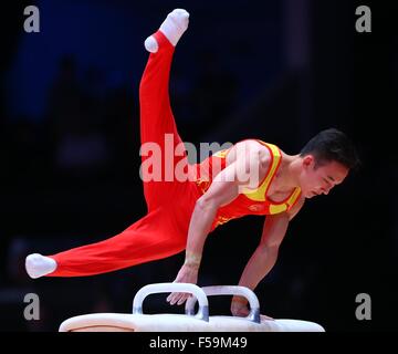 Glasgow, Scotland. 30th Oct, 2015. Xiao Ruoteng of China competes on the pommel horse during the men's All-Around final at the 46th World Artistic Gymnastics Championships in Glasgow, Scotland, Great Britain on Oct. 30, 2015. Credit:  Gong Bing/Xinhua/Alamy Live News Stock Photo