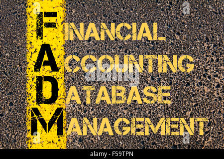 Concept image of Business Acronym FADM as Financial Accounting Database Management written over road marking yellow paint line. Stock Photo