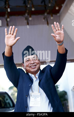 Kathmandu, Nepal. 31st Oct, 2015. Nanda Kishor Pun, vice president candidate of the Unified Communist Party of Nepal (Maoist), waves during the vice-presidential election at the Parliament in Kathmandu, Nepal, on Oct. 31, 2015. Nepal's first vice-presidential election after the promulgation of a new constitution began on Saturday morning. Credit:  Pratap Thapa/Xinhua/Alamy Live News Stock Photo