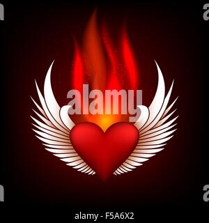 Burning heart with wings in flame tips. Grunge style. Colorful illustration. Stock Vector