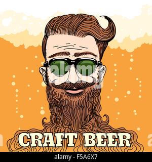 Hipster Head with huge beard with lettering Craft beer against beer foam and bubbles. Colorful illustration in retro style. Stock Vector