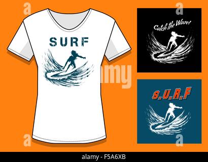 T-Shirt Print in three color variations. Surfing Print Design with samples of text. Only free font used. Stock Vector