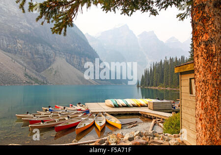 Canoes at Moraine Lake belonging to Moraine Lake Lodge Banff National Park Alberta Canada Stock Photo