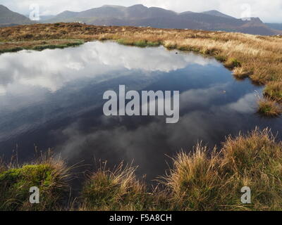 reflections of sky in mountain pool near summit of Eye Spy on Newlands Horseshoe above Borrowdale in Cumbria UK Lake District Stock Photo