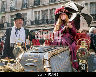 London, UK. 31st October, 2015. Driver and passanger of a Veteran on Bonhams London to Brighton run,car on display at Regents Street Motorshow 2015 Credit:  Martyn Goddard/Alamy Live News Stock Photo