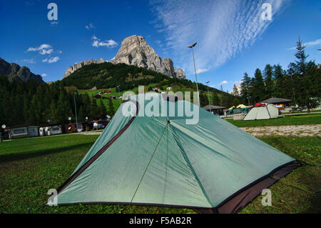 Tent in a camping area in Colfosco, Dolomites, Italy Stock Photo