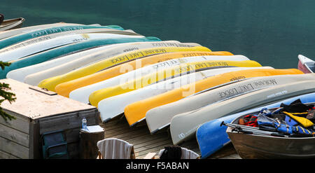 Canoes at Moraine Lake belonging to Moraine Lake Lodge Banff National Park Alberta Canada Stock Photo