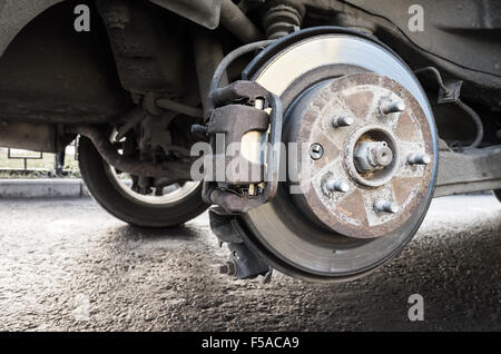 Replacing wheels on a car, closeup photo of rotor disk with brake Stock Photo